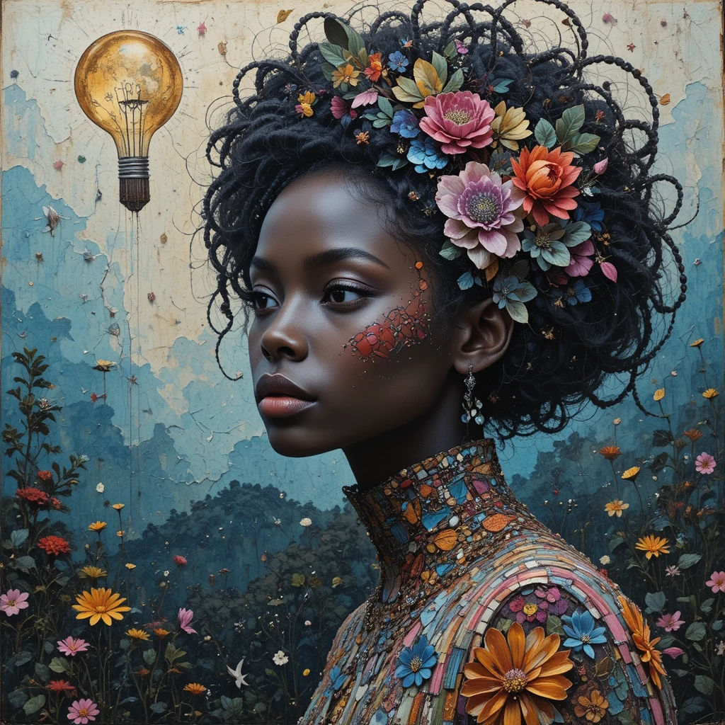 Afro futurist mixed media portrait in lush natural setting