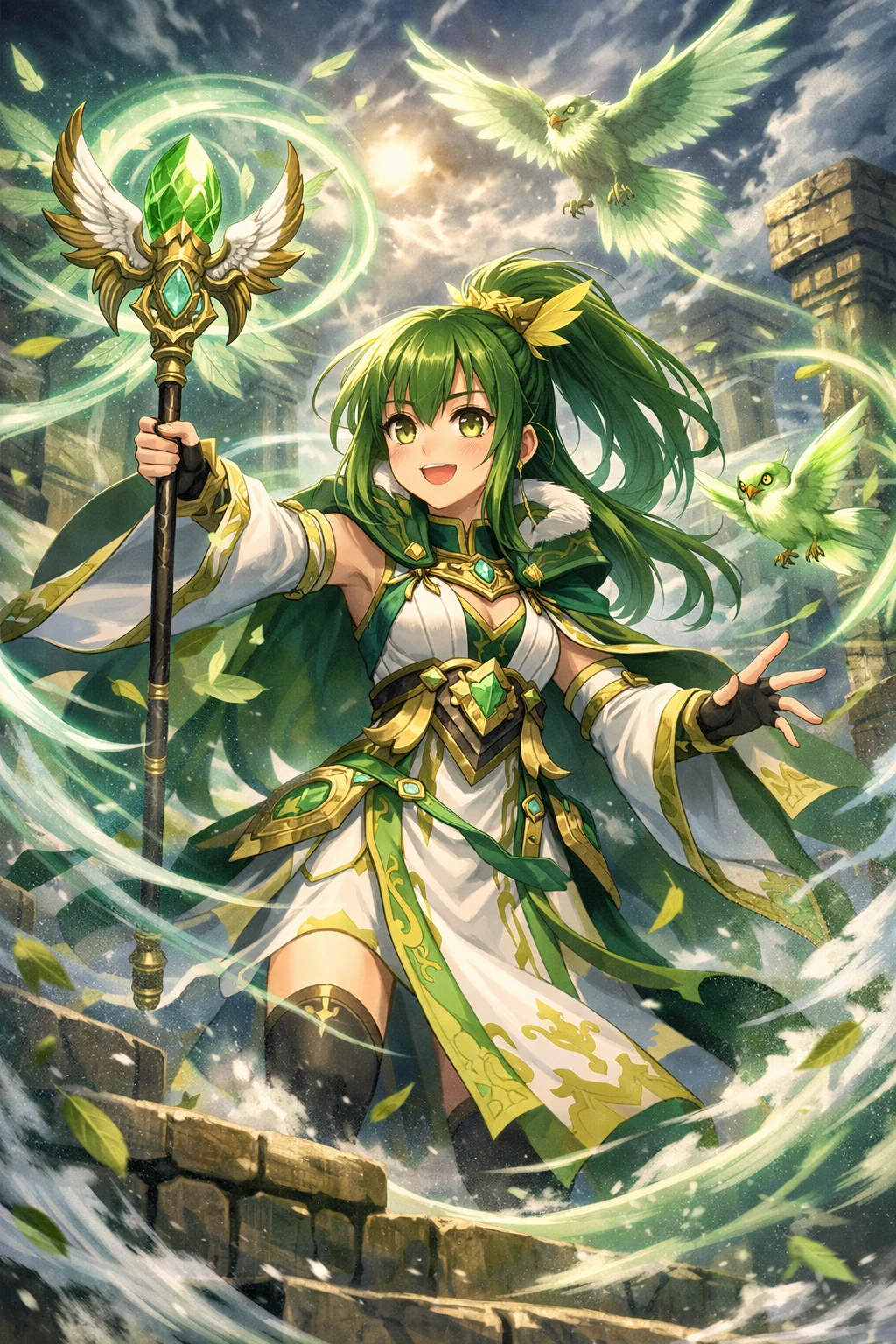 Anime wind priestess summoning spirits in ancient shrine