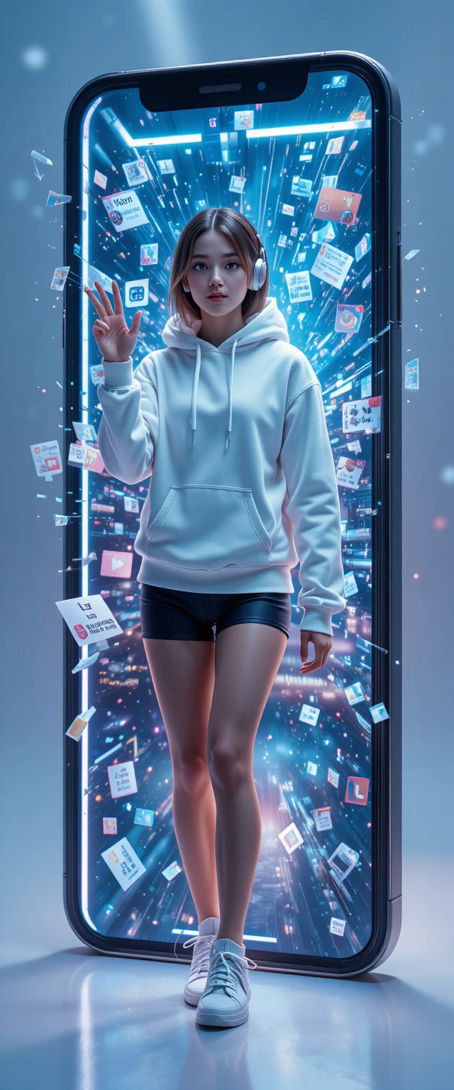 Joven mujer saliendo de la pantalla gigante de un smartphone
