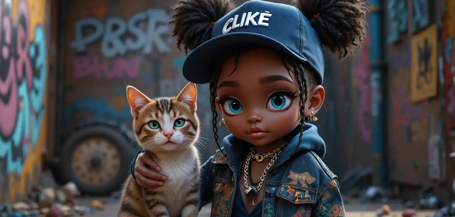 African baby girl in rapper outfit with leashed cat