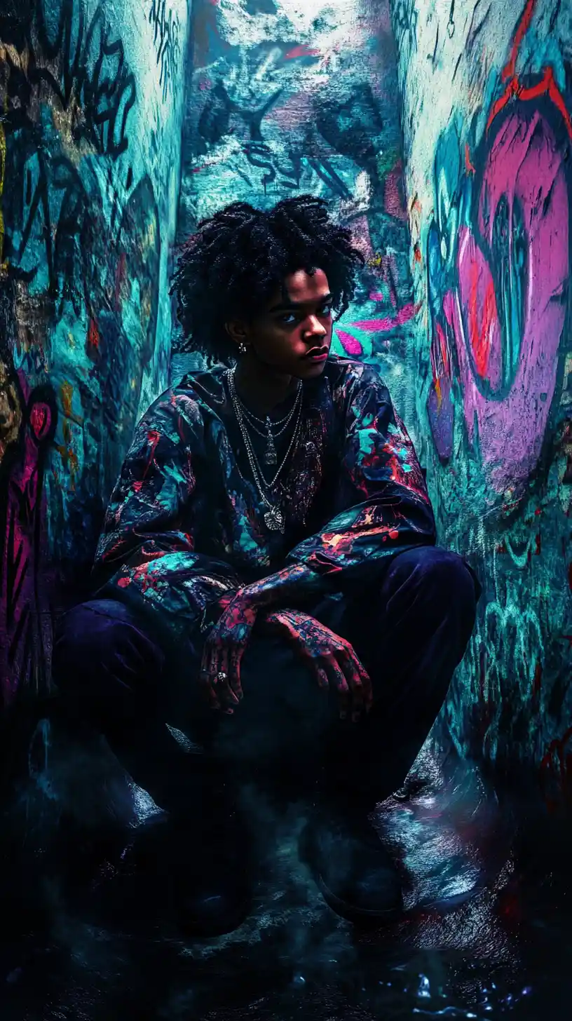 Young urban prince posing in dark fantasy graffiti alley