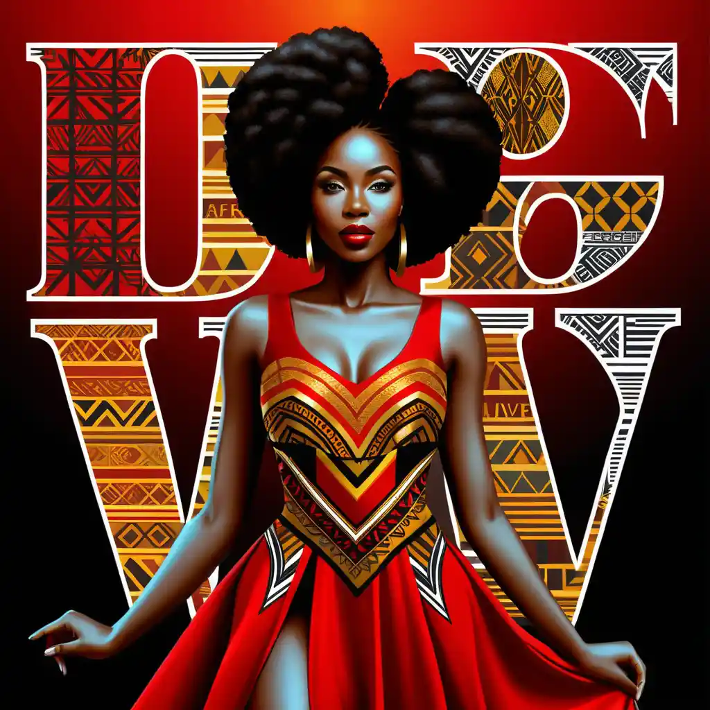 Elegant black woman before patterned love sign in nature