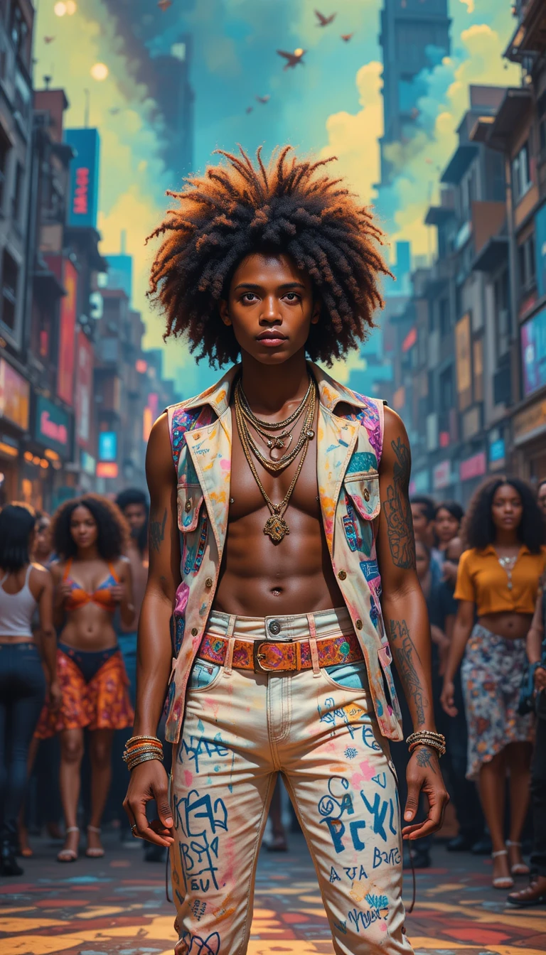 Afro musician on punk stage with dancing city crowd