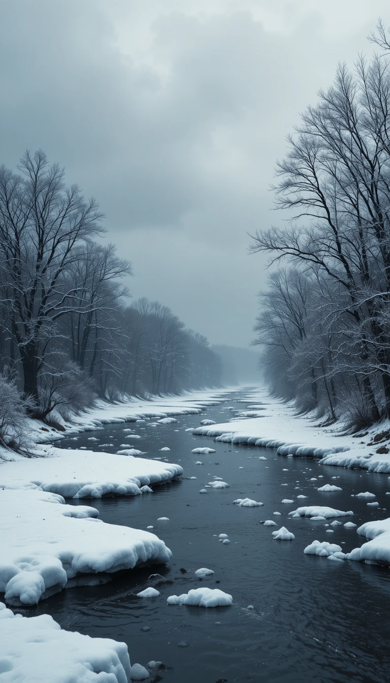 Winterlicher Mississippi mit Eis unter schwerem grauen Himmel