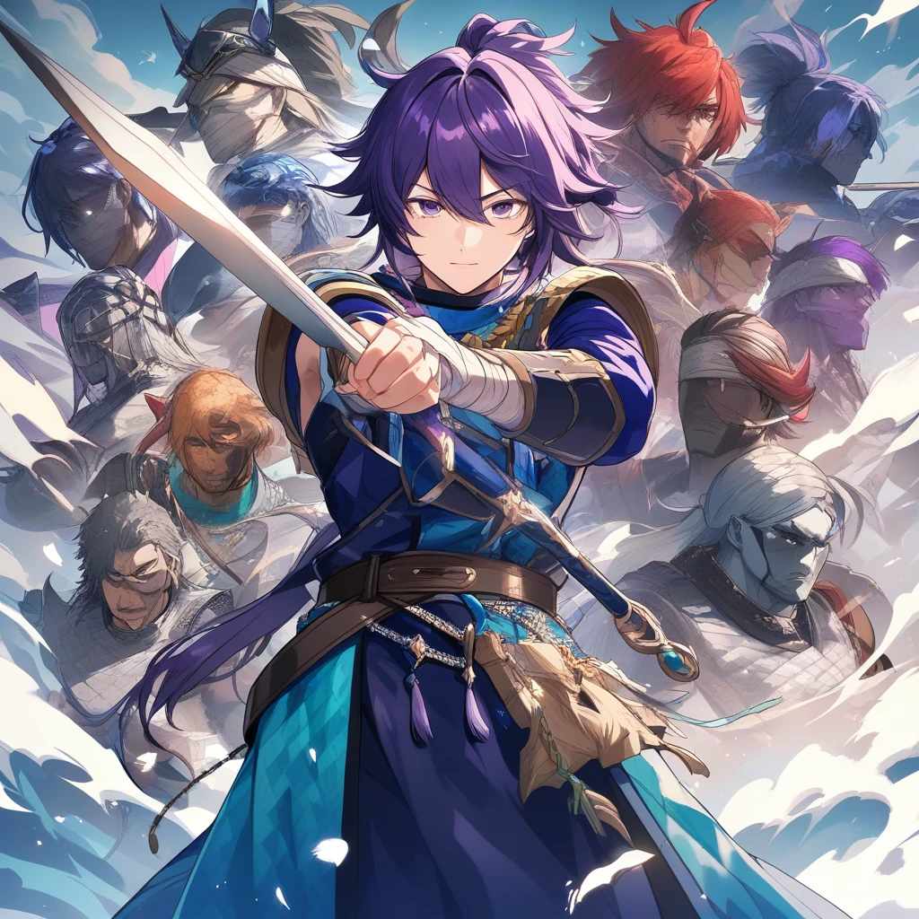 Warrior with neon purple hair on stormy mountain peak