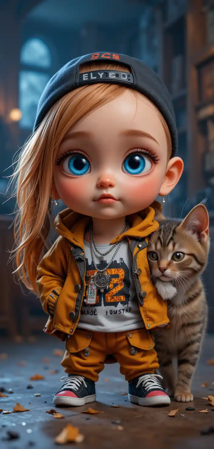Bebé niña pelirroja con ojos azules en atuendo de rapera