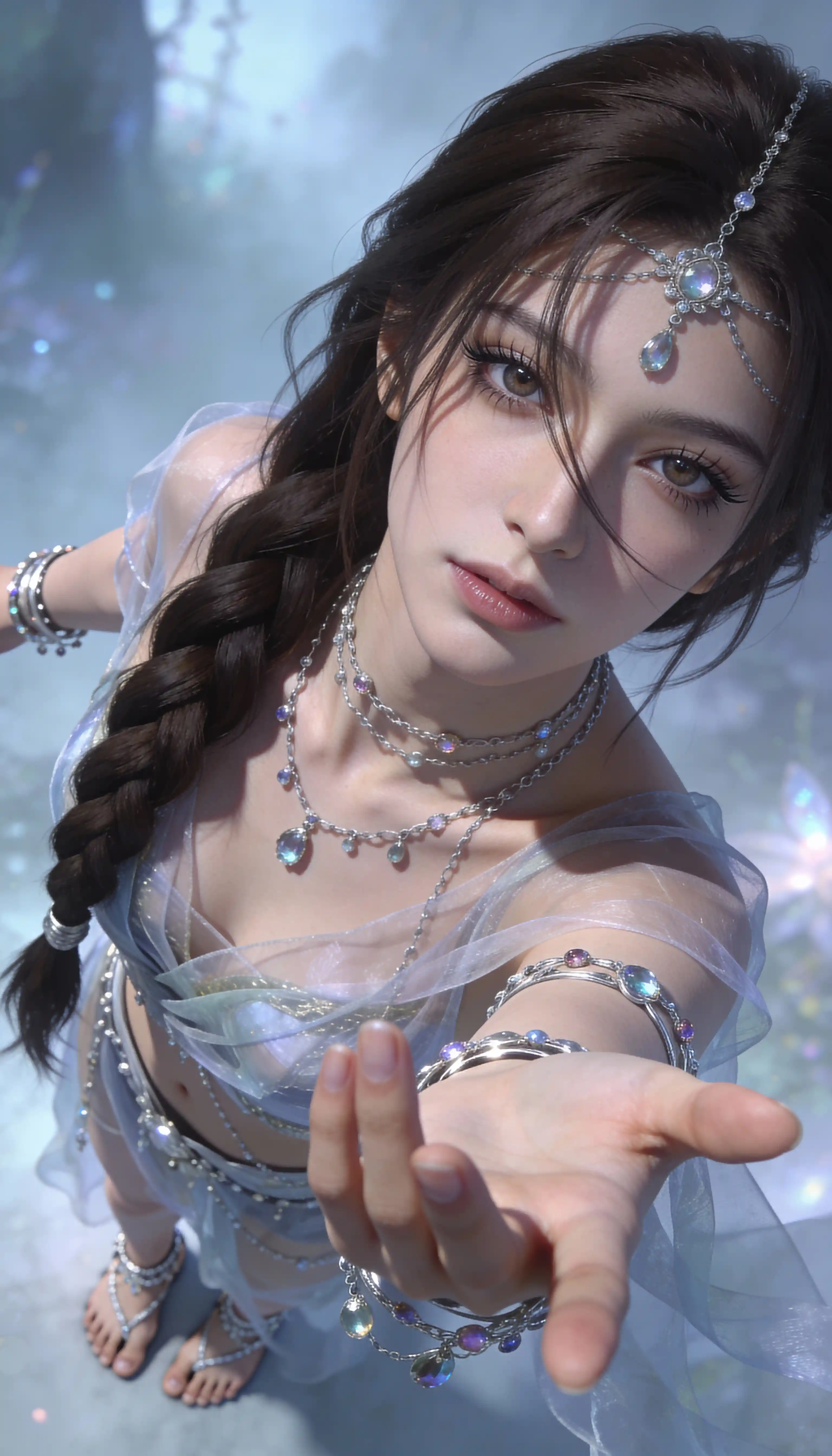 Mystical woman portrait with braid and gemstone jewelry