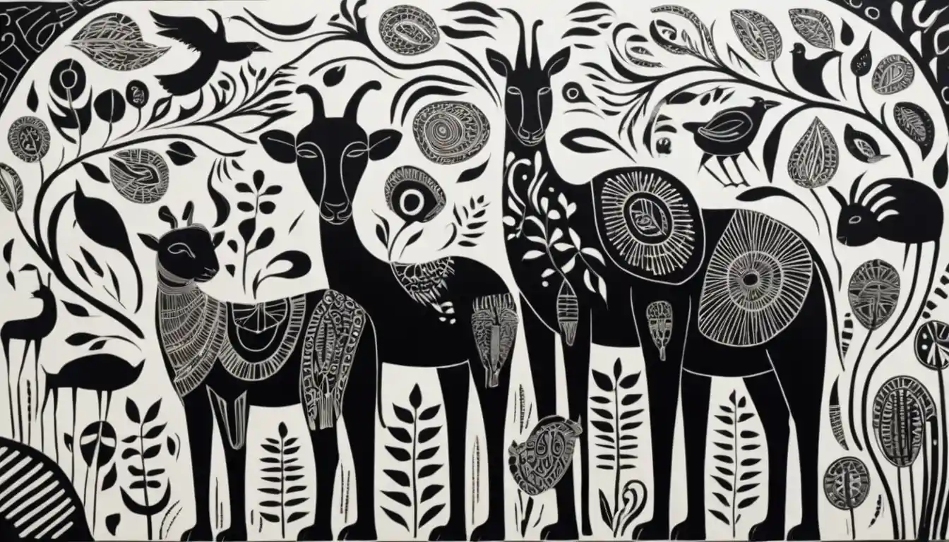 Expressionist black and white animal painting with calm symmetry