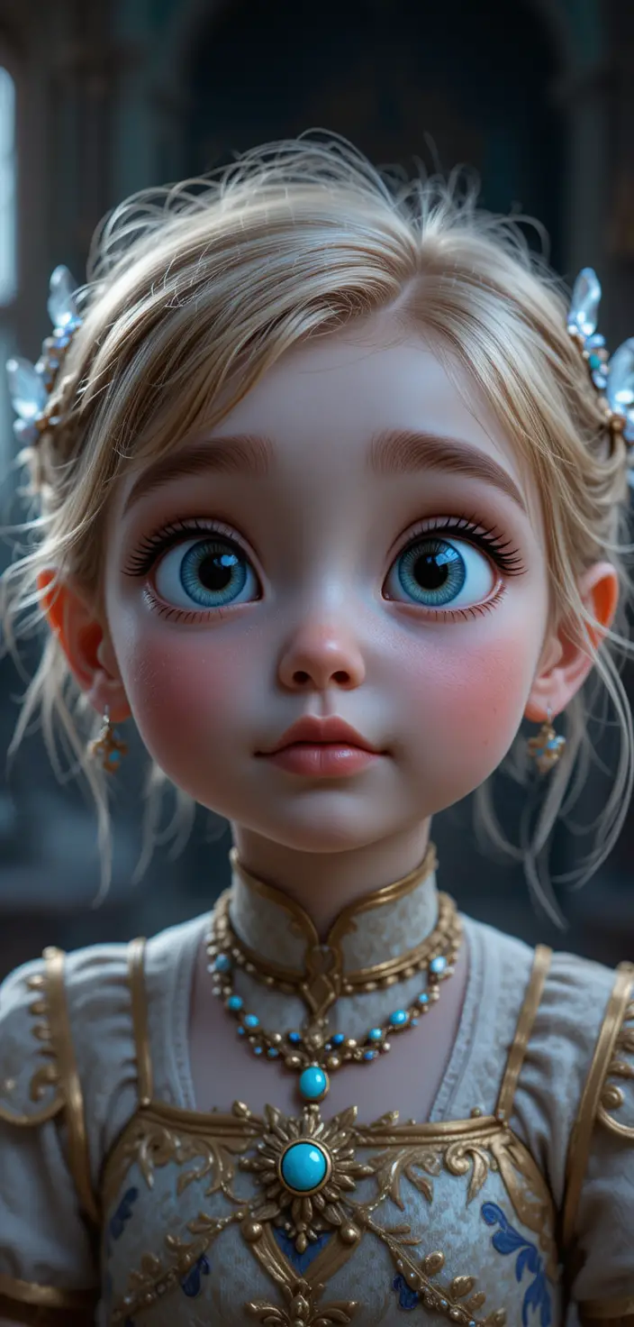 Pixar style close up portrait of a blue eyed redhead baby