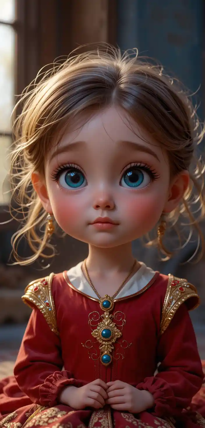 Pixar style portrait of a blue eyed red haired baby girl