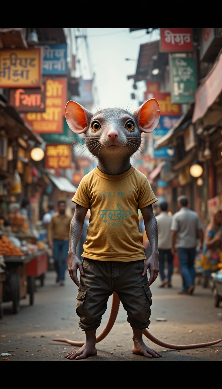 Ratto Antropomorfo in un Colorato Mercato di Strada Indiano