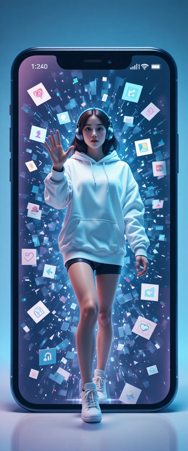 Young woman stepping out of giant smartphone screen