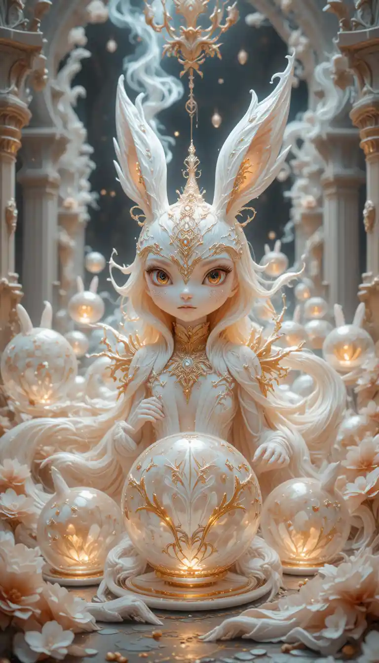 Graceful mythical spirit creature by a white fairy tale palace