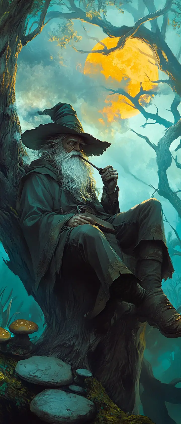 Old wizard resting by a tree in moonlit forest