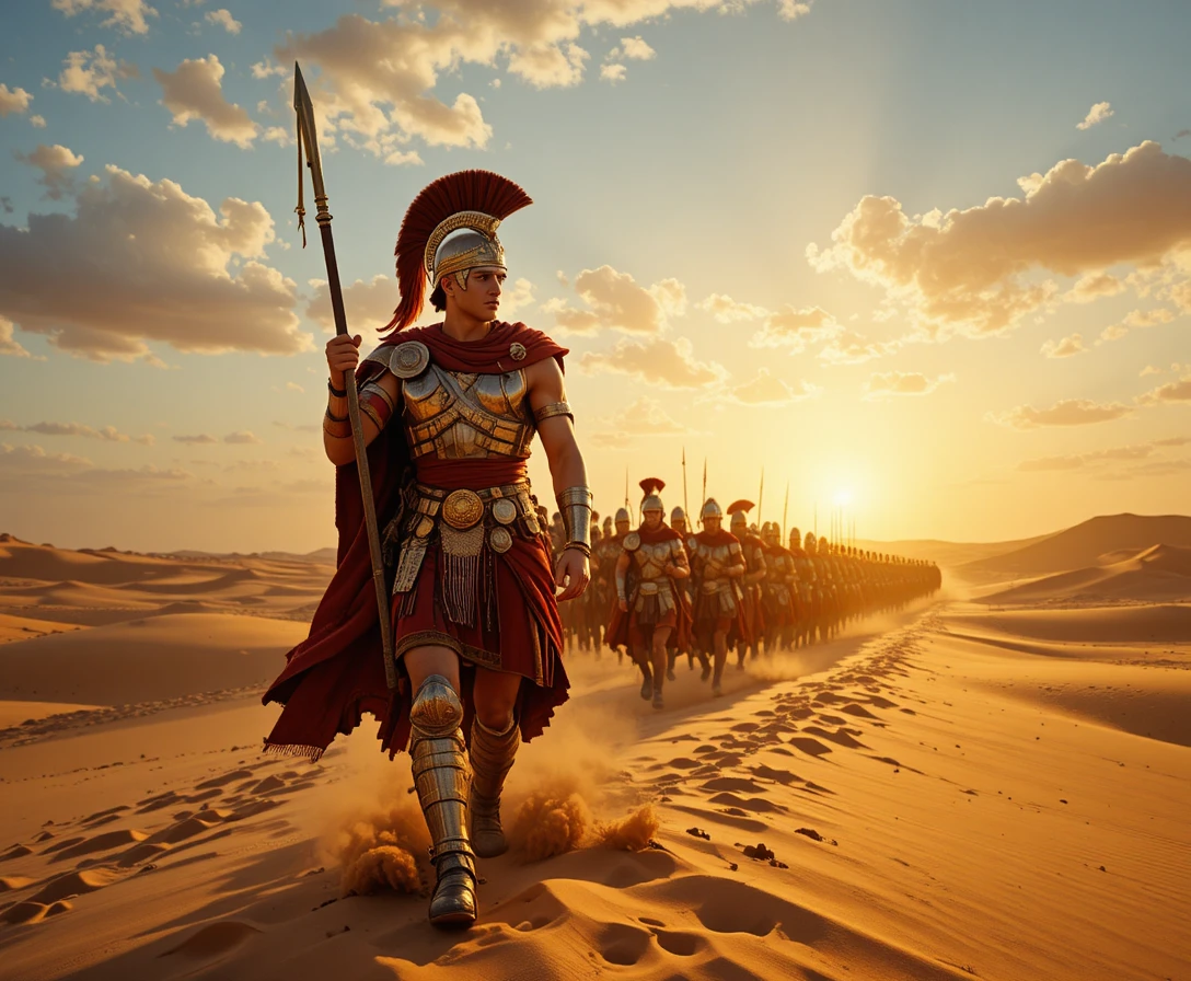 Roman centurion leading soldiers across desert at sunset