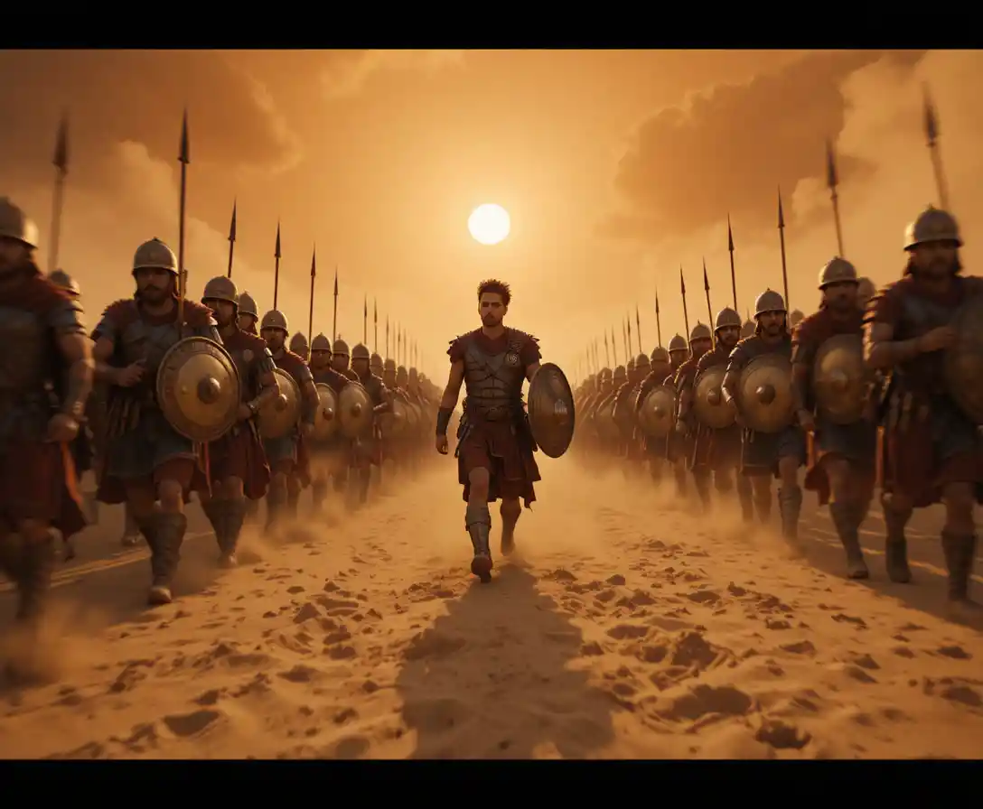 Roman centurion leading legion through saharan sandstorm