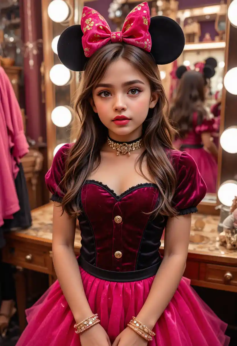 Confused tween girl in pink minnie dress at boutique vanity