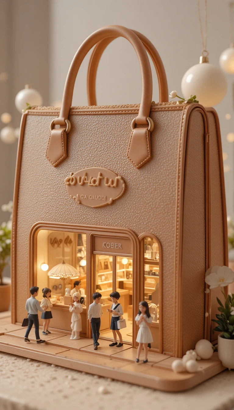 Miniature luxury bag cafe with tiny animated shoppers