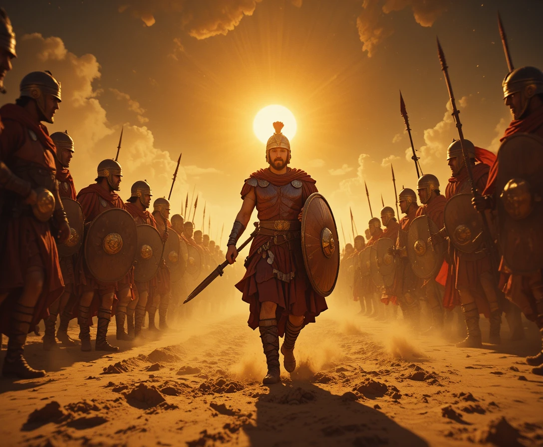 Roman centurion leading legion through a blazing desert storm