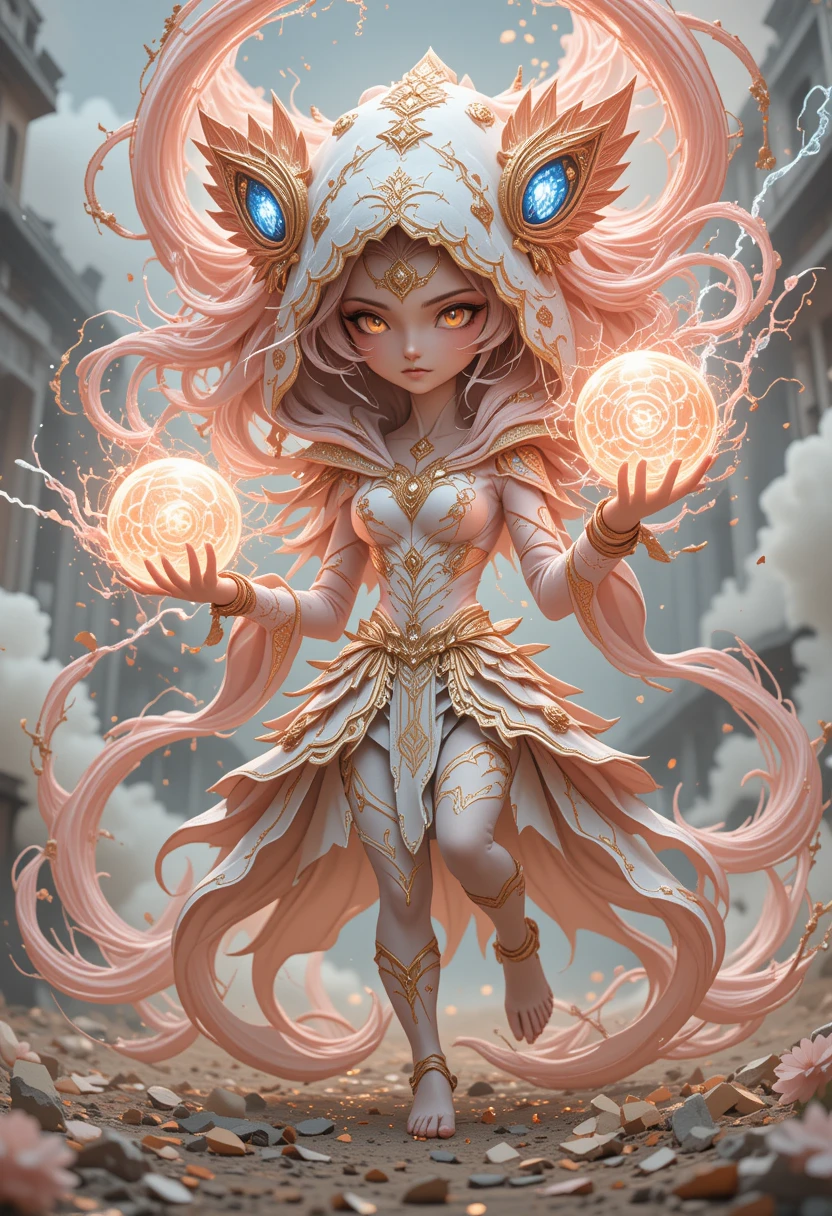Mythical woman charging pink solar energy in palace courtyard