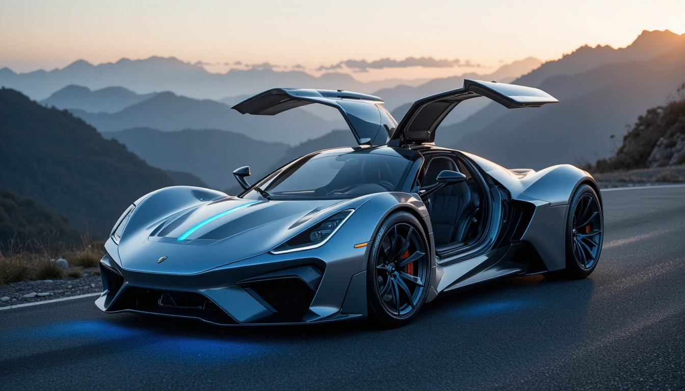 Futuristic silver sports car on winding mountain road