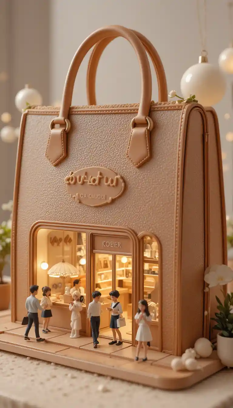 Miniature luxury bag cafe with tiny animated shoppers