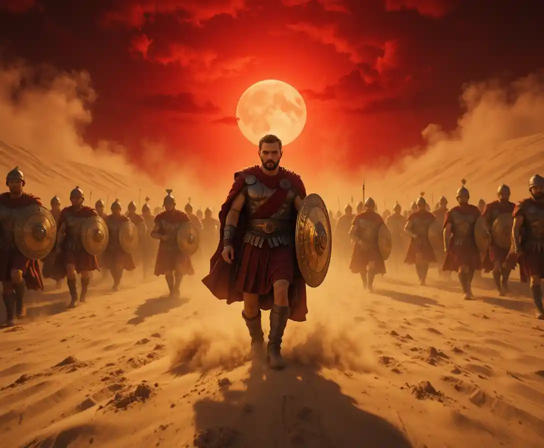 Centurion romain menant une légion à travers une tempête de sable du Sahara au crépuscule