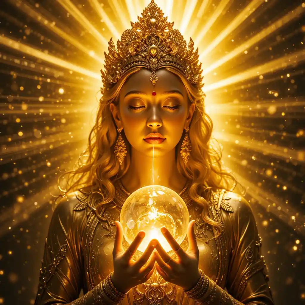 Golden goddess holding crystal in prismatic sacred light