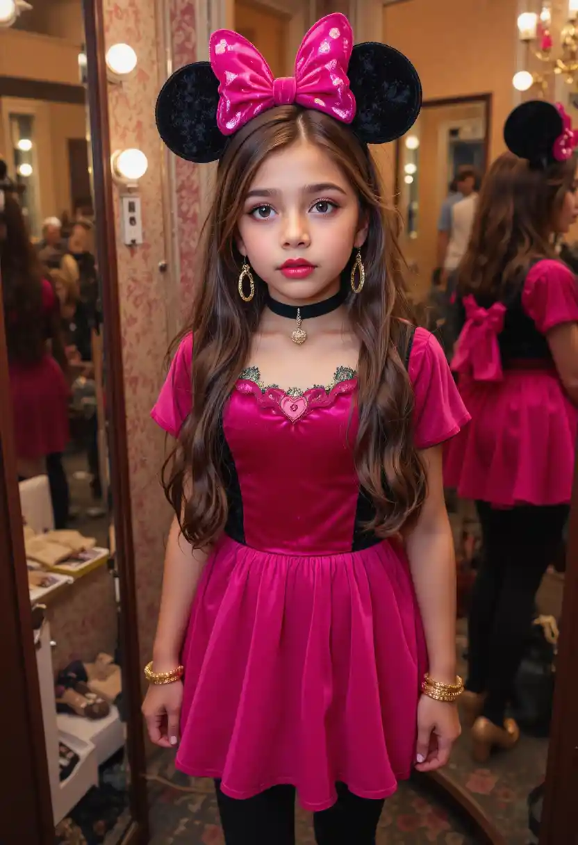 Tween-Junge im pinken Minnie-Kleid an einer Boutique-Schminkkommode