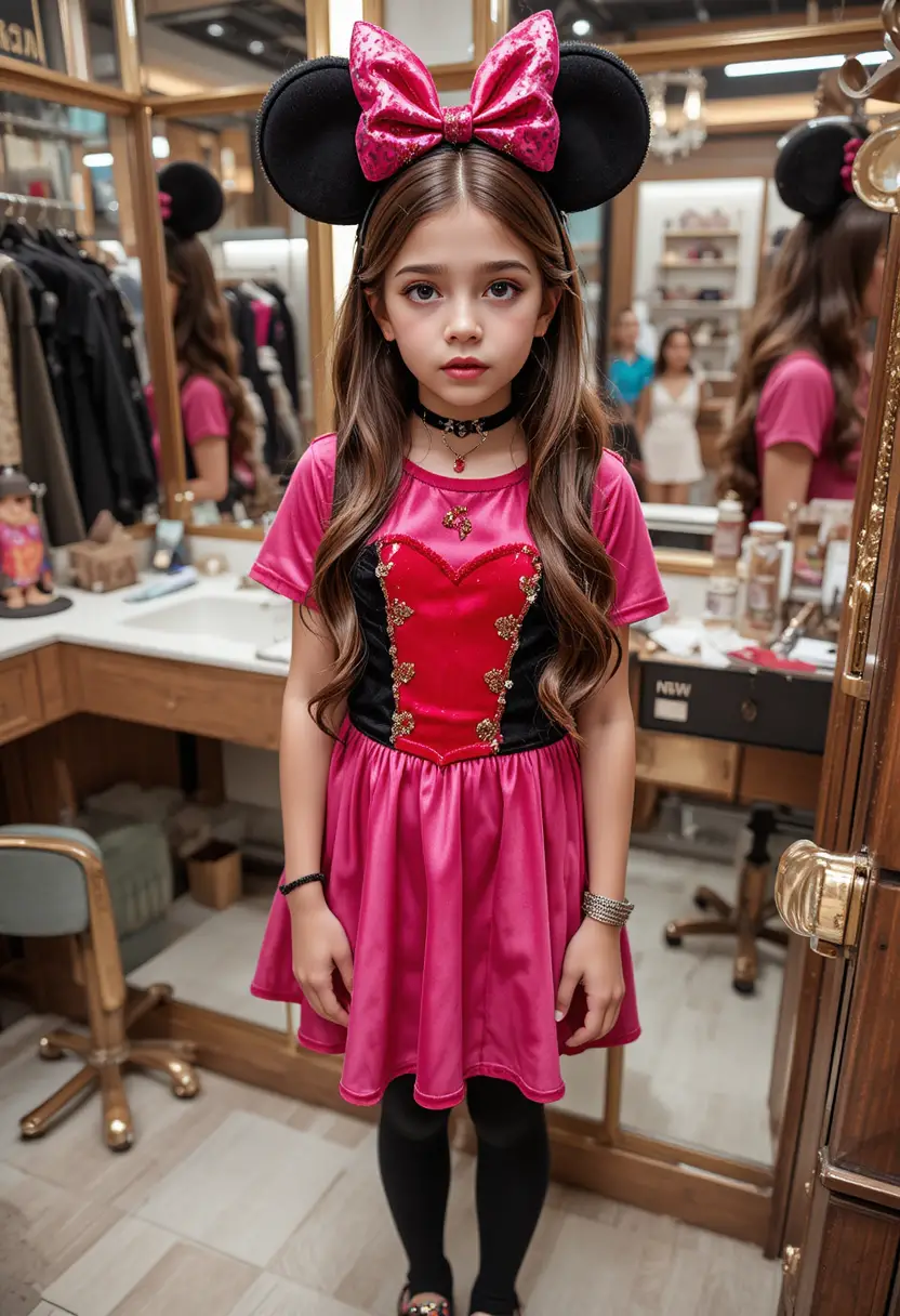 Tween boy in pink minnie dress at boutique vanity
