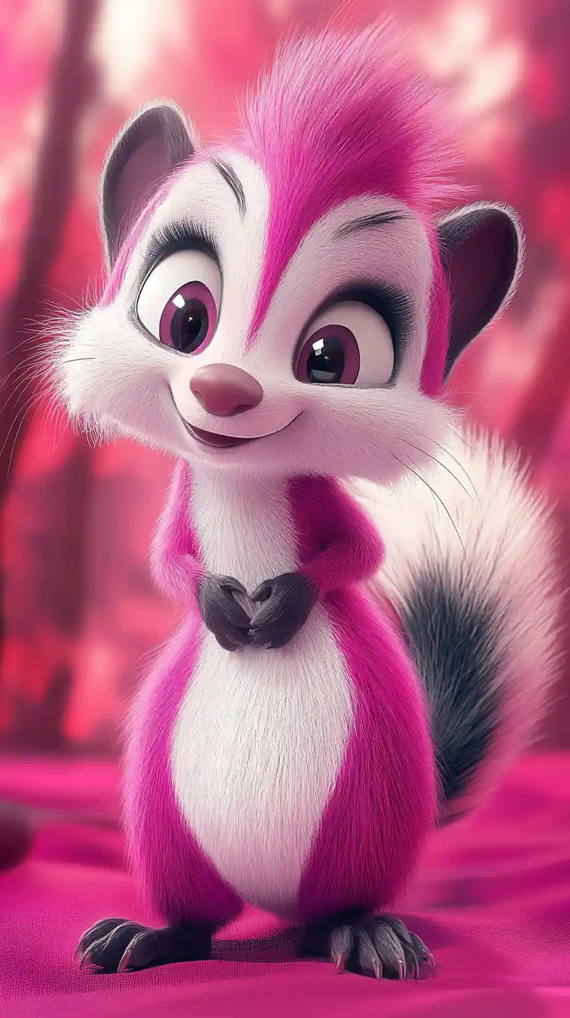 Cute pink and white cartoon skunk with flirty expression
