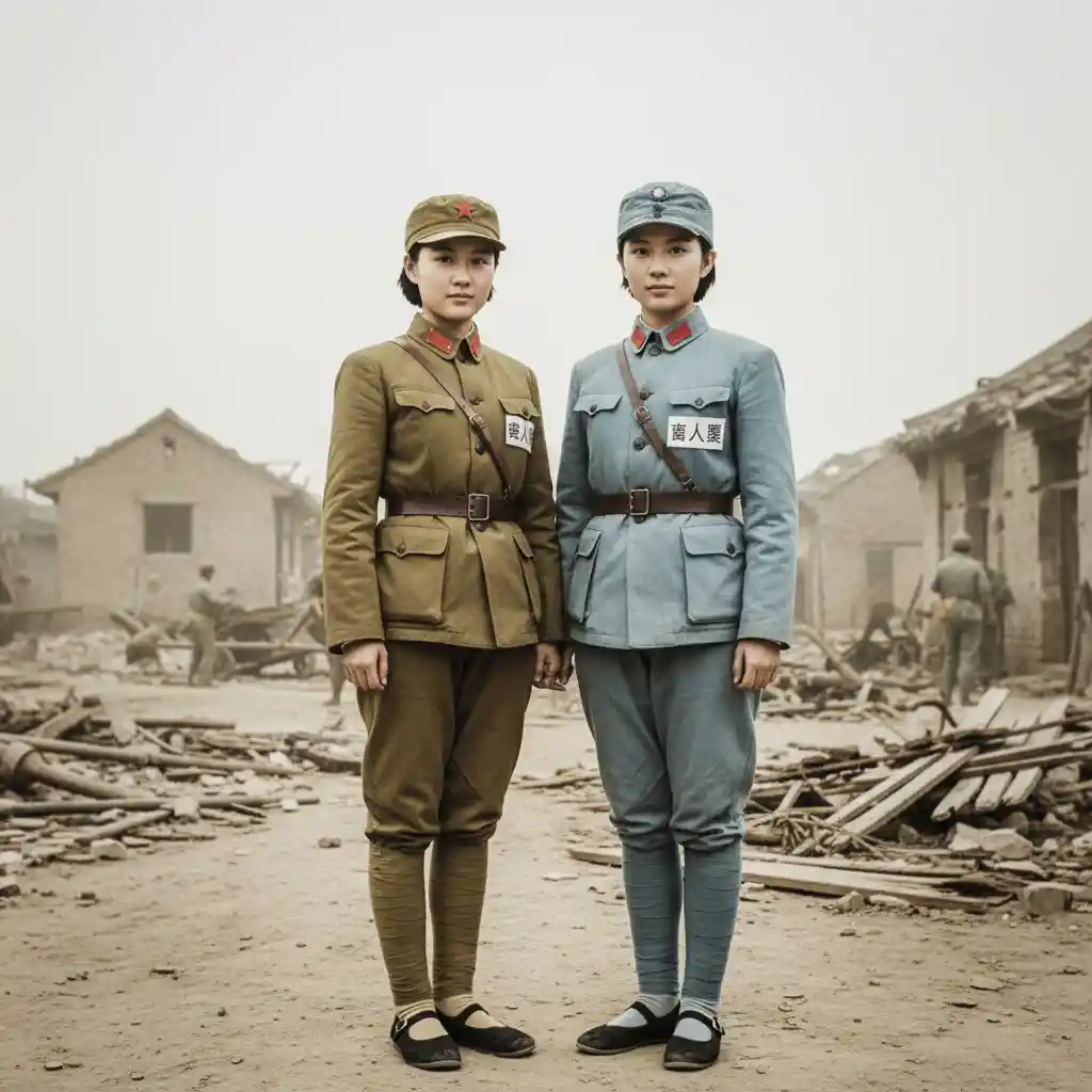 Young Chinese sisters in opposing 1940s military uniforms