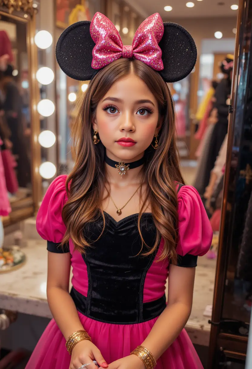 Tween boy in pink minnie dress at boutique vanity