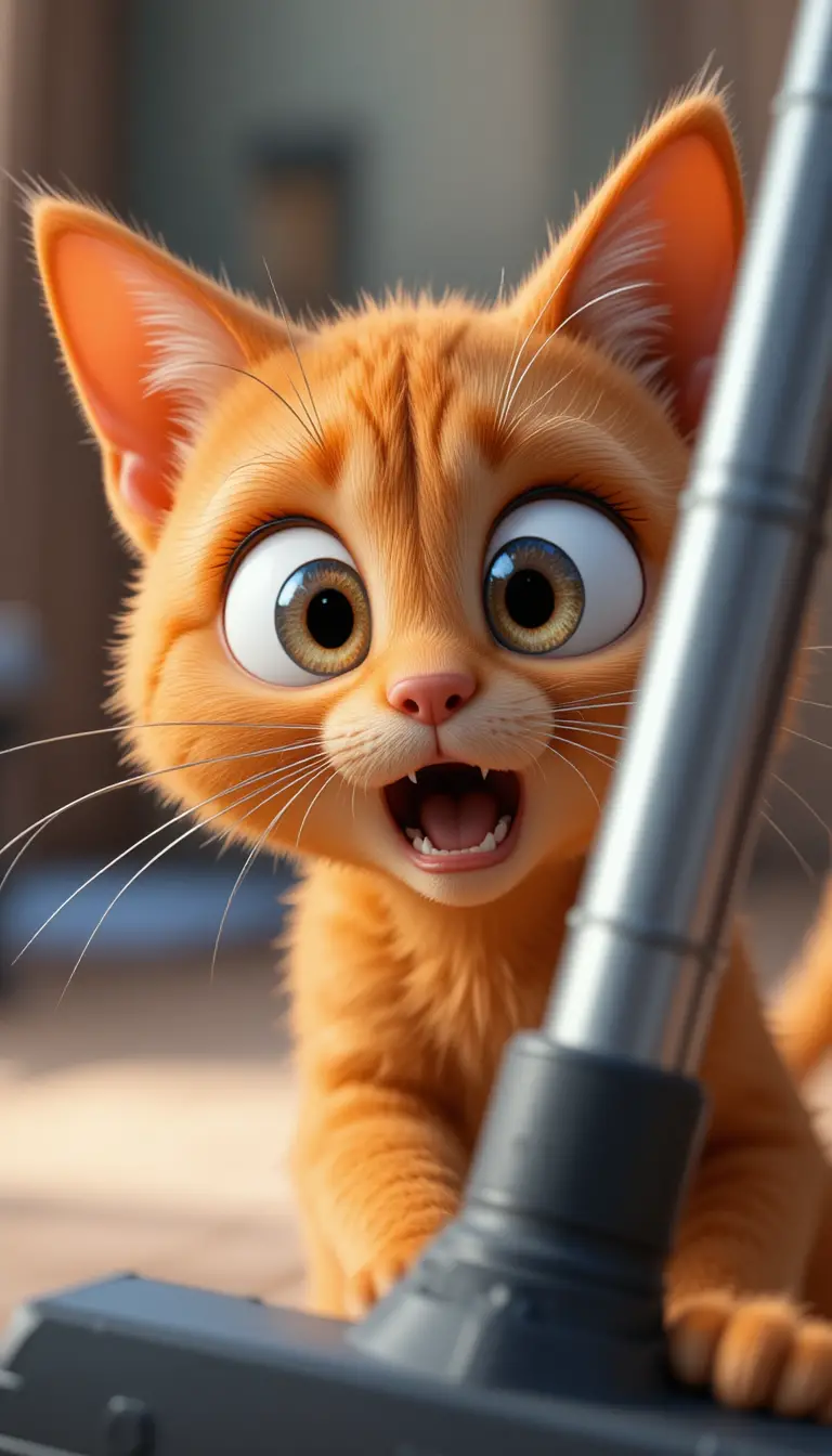 Adorable chat 3D orange de dessin animé avec de grands yeux apeurés