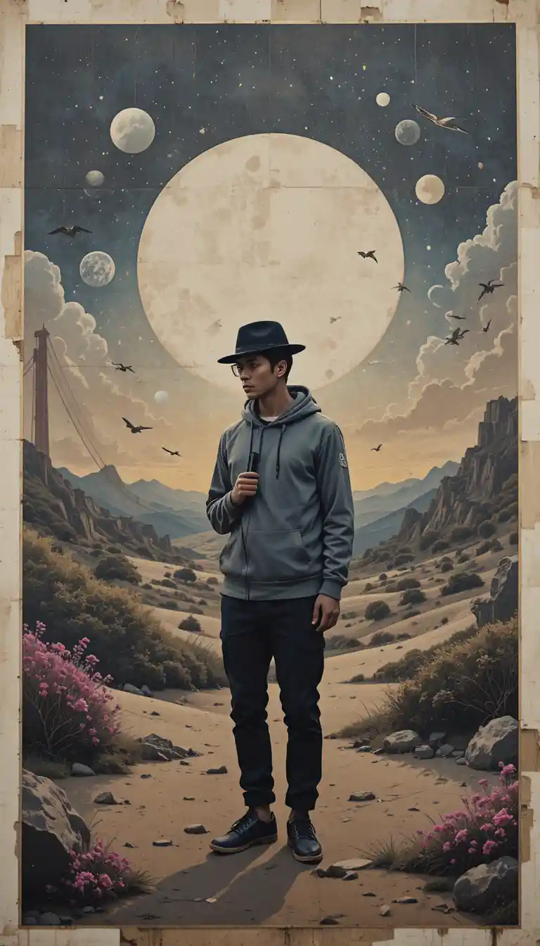 Urban street artist in a surreal minimalist collage scene