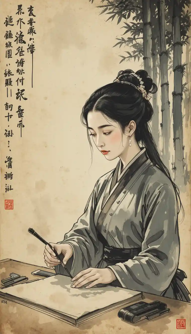 Chinese ink painter focused over aged calligraphy paper