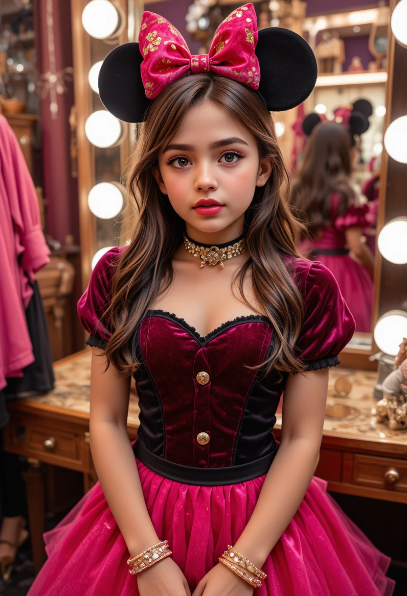 Confused tween girl in pink minnie dress at boutique vanity