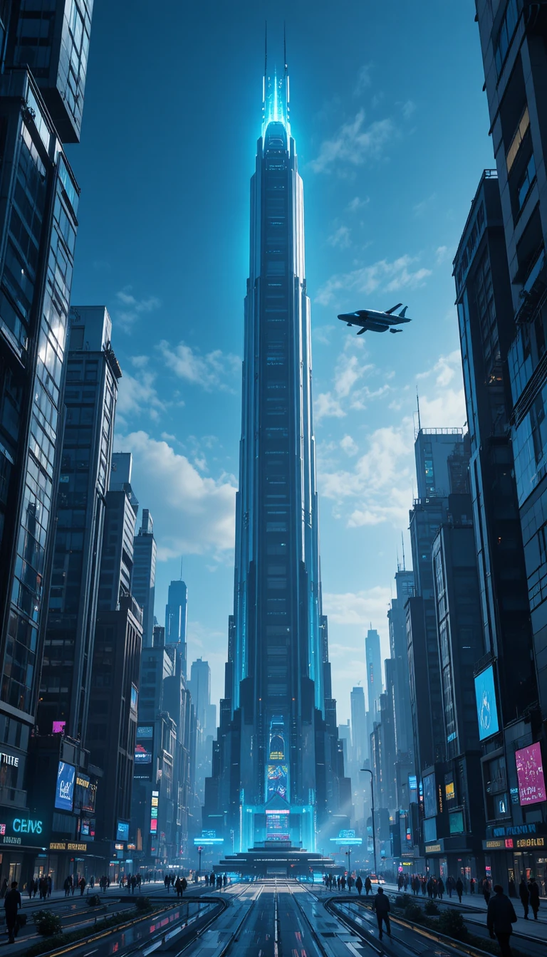 Futuristic city skyline with towering central skyscraper