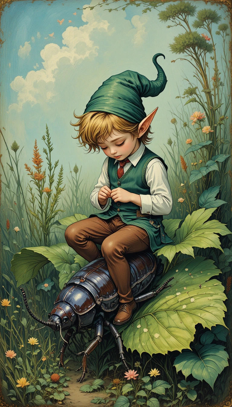 Cute elf mending his vest on a giant burdock leaf