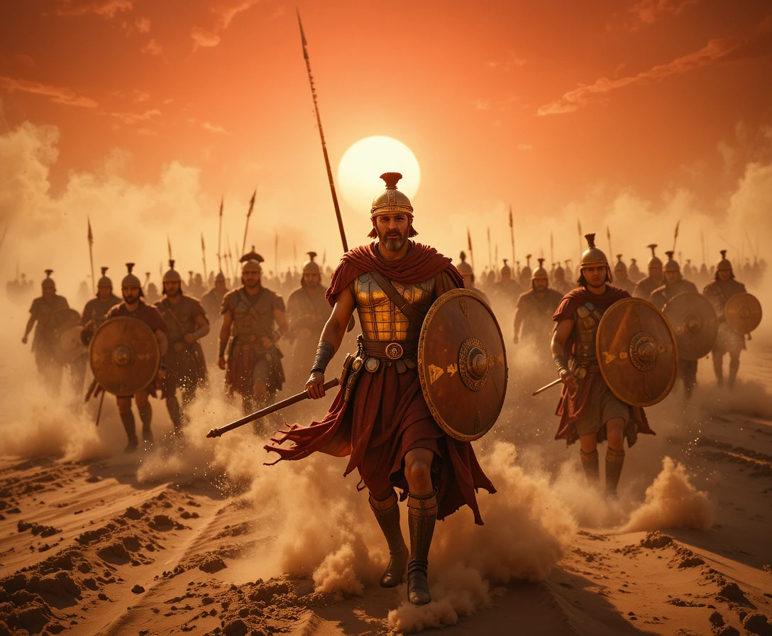 Roman centurion leading legion through a burning desert storm