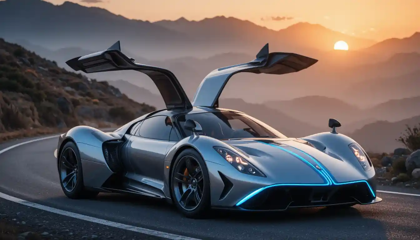 Auto sportiva argento futuristica su una strada di montagna avvolta dalla nebbia