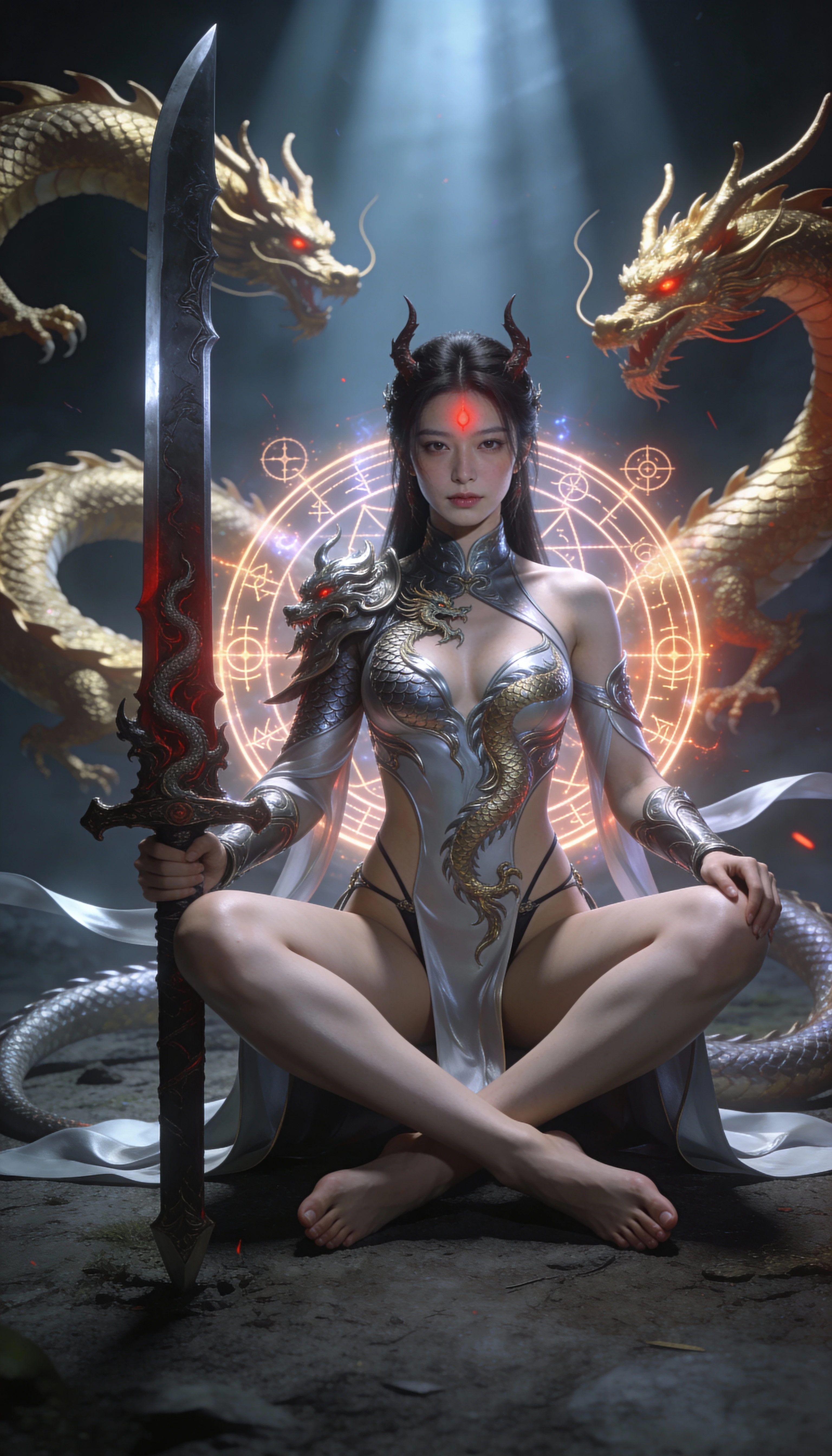 Dragon lineage demon huntress seated with colossal greatsword