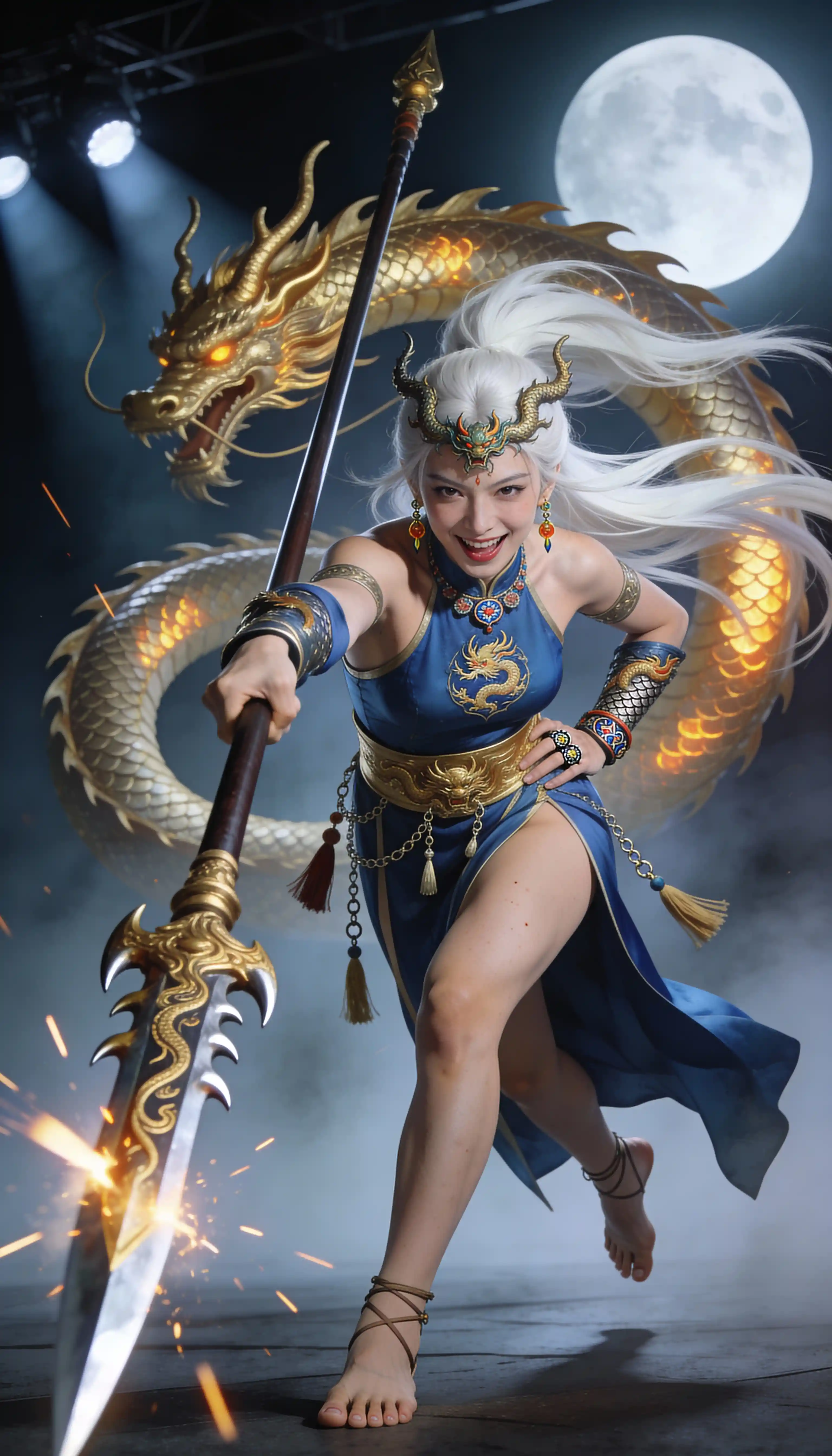 Dragon maiden warrior lunging forward with spear and gold dragon