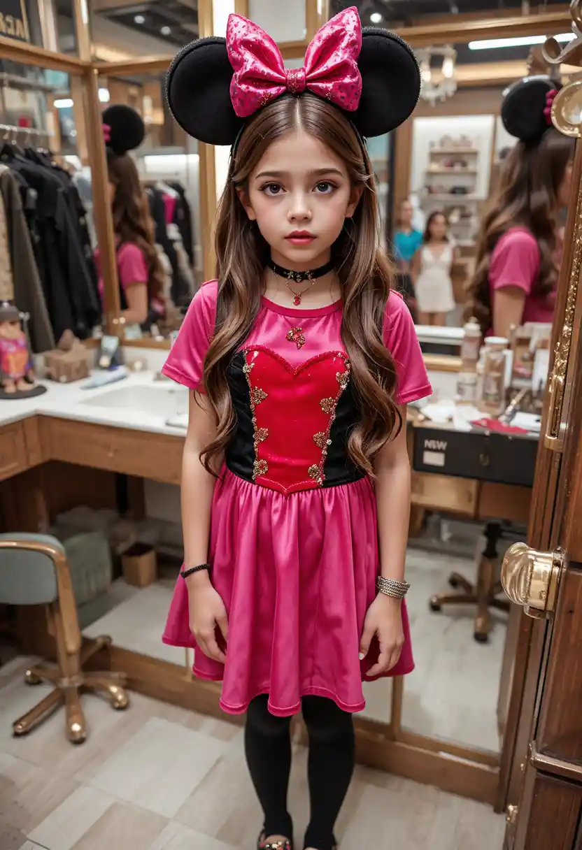 Tween boy in pink minnie dress at boutique vanity