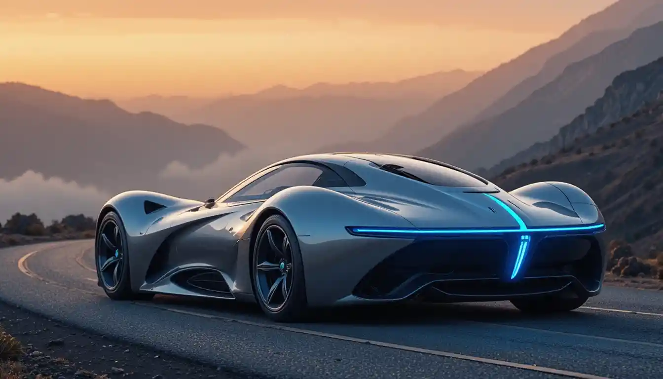 Carro esportivo prateado futurista em uma estrada montanhosa enevoada
