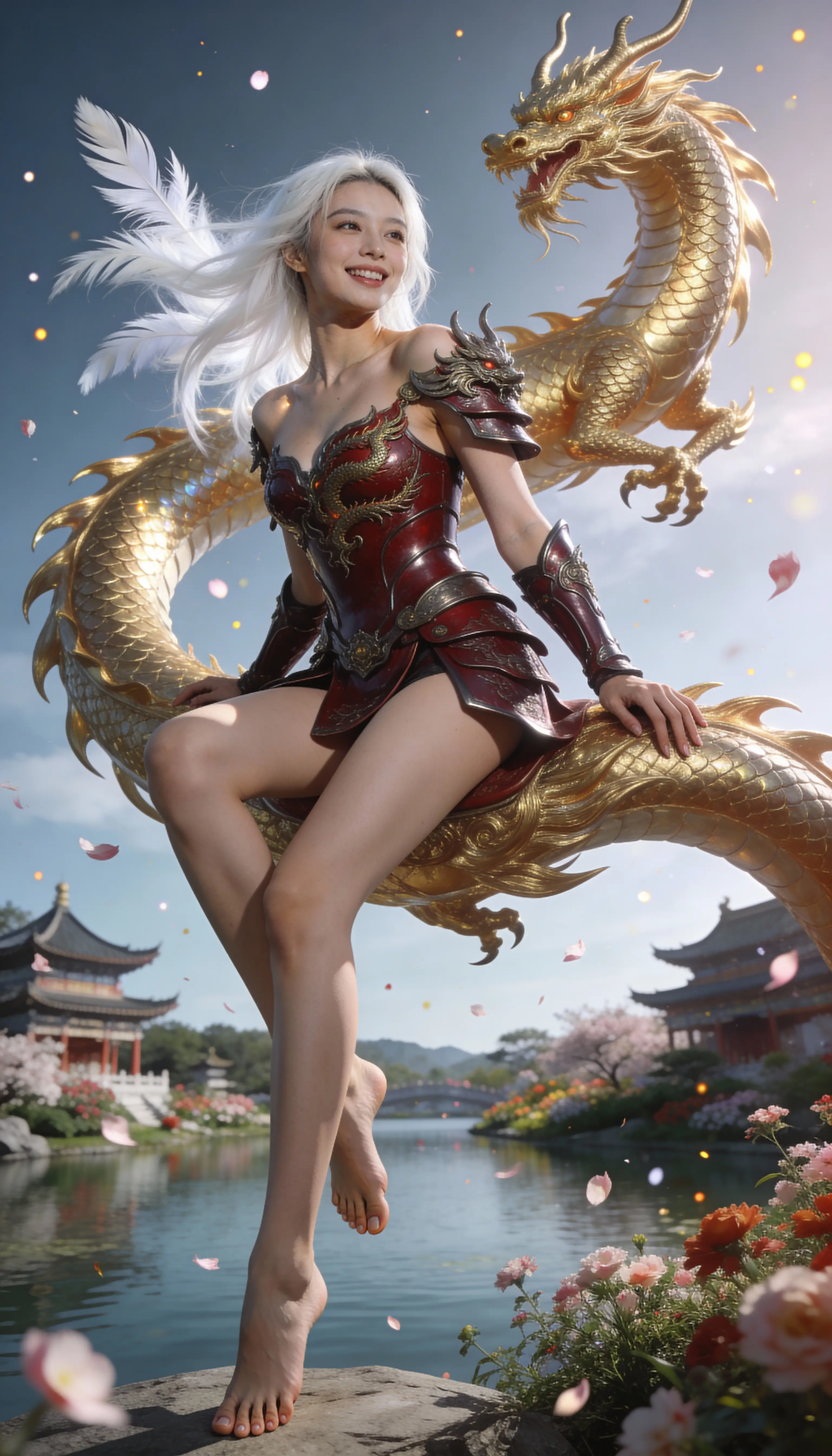 Guerrera de cabello blanco montando un dragón dorado