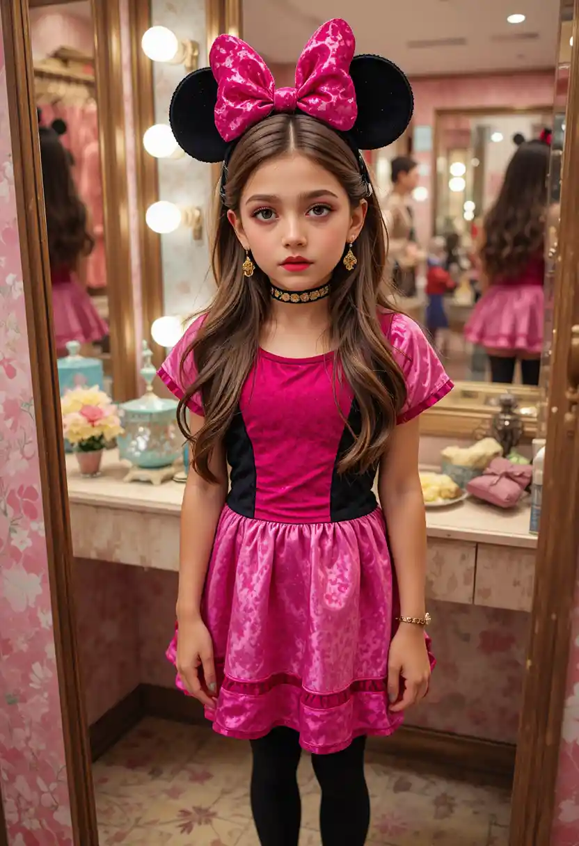 Tween boy styled as a girl in a Minnie dress