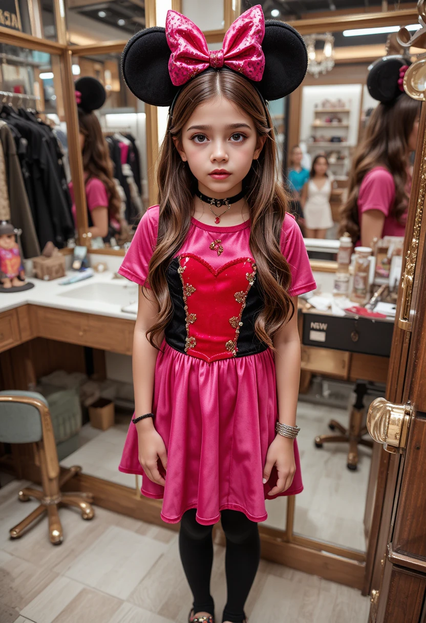 Tween boy in pink minnie dress at boutique vanity