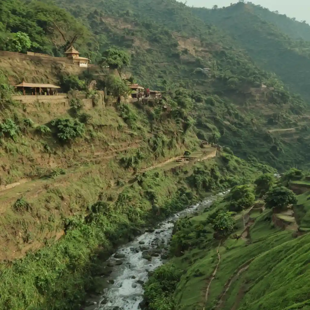 Small tribal village in a lush green forest morning