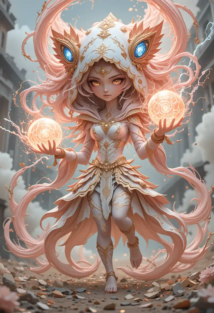 Mythical woman charging pink solar energy in palace courtyard